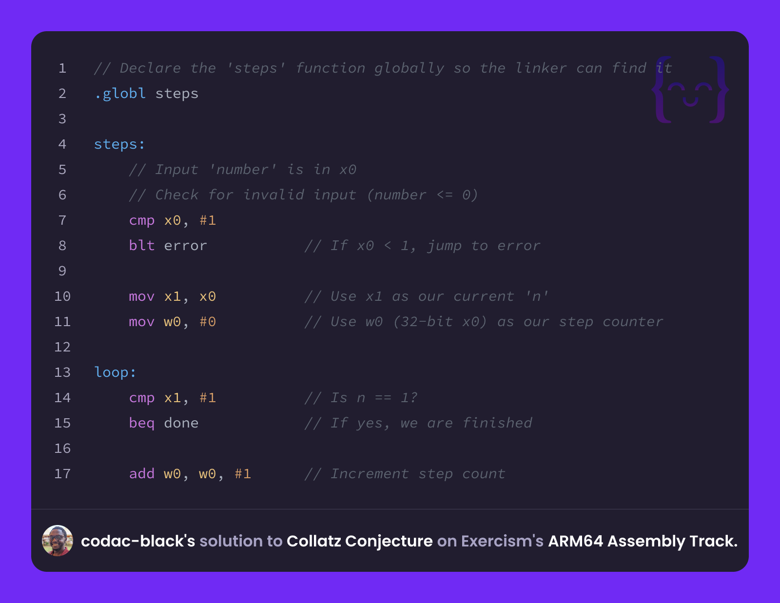 codac-black's solution for Collatz Conjecture in ARM64 Assembly on Exercism