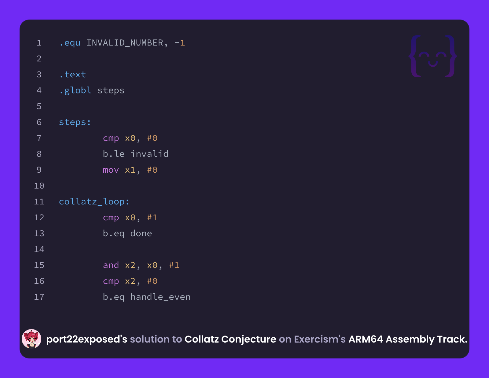 port22exposed's solution for Collatz Conjecture in ARM64 Assembly on ...