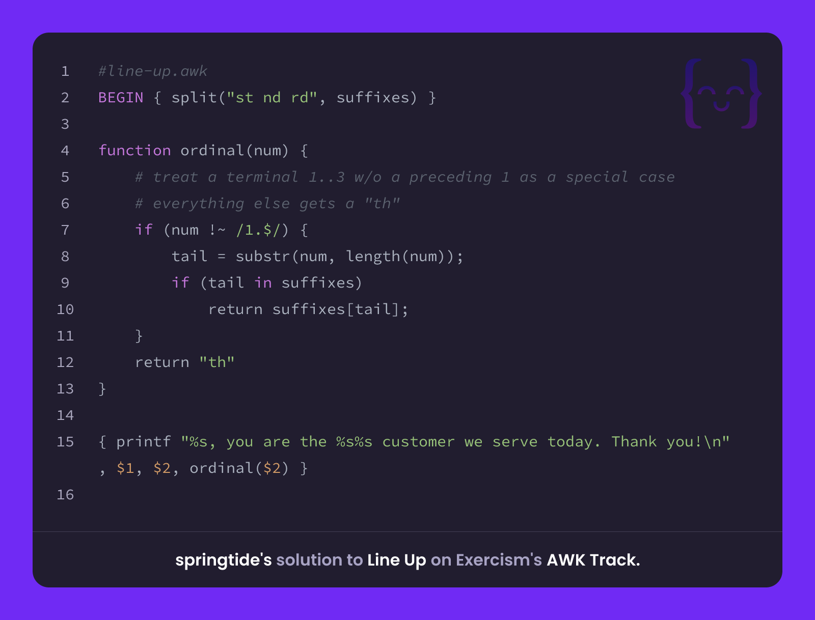 springtide's solution for Line Up in AWK on Exercism