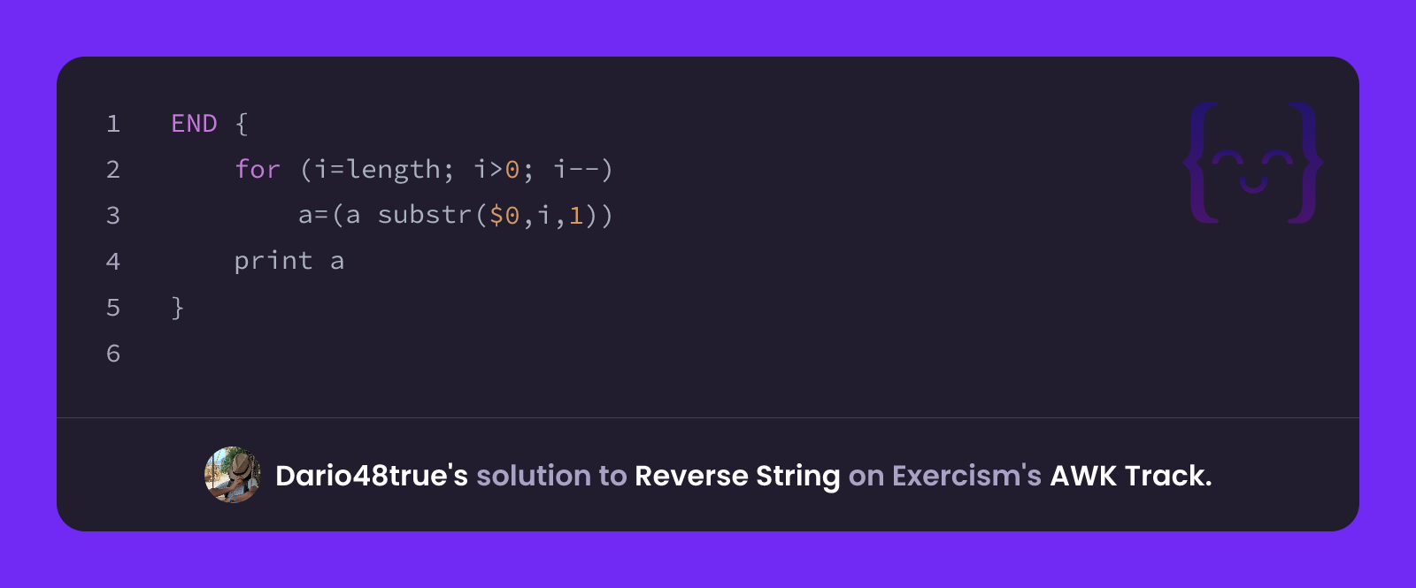 Dario48true's solution for Reverse String in AWK on Exercism