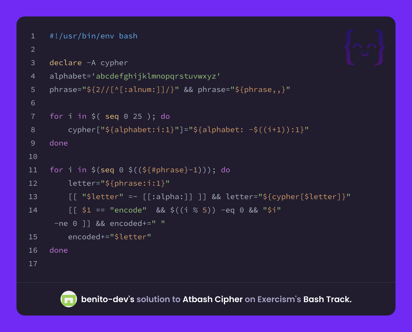 benito-dev's solution for Atbash Cipher in Bash on Exercism
