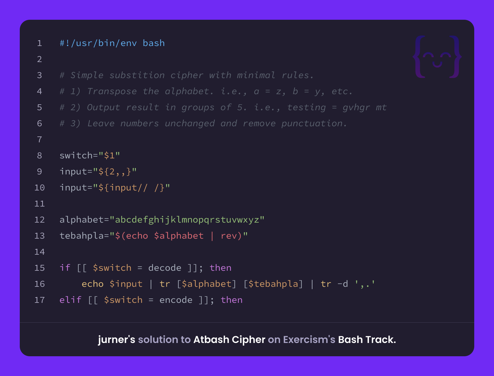 jurner's solution for Atbash Cipher in Bash on Exercism