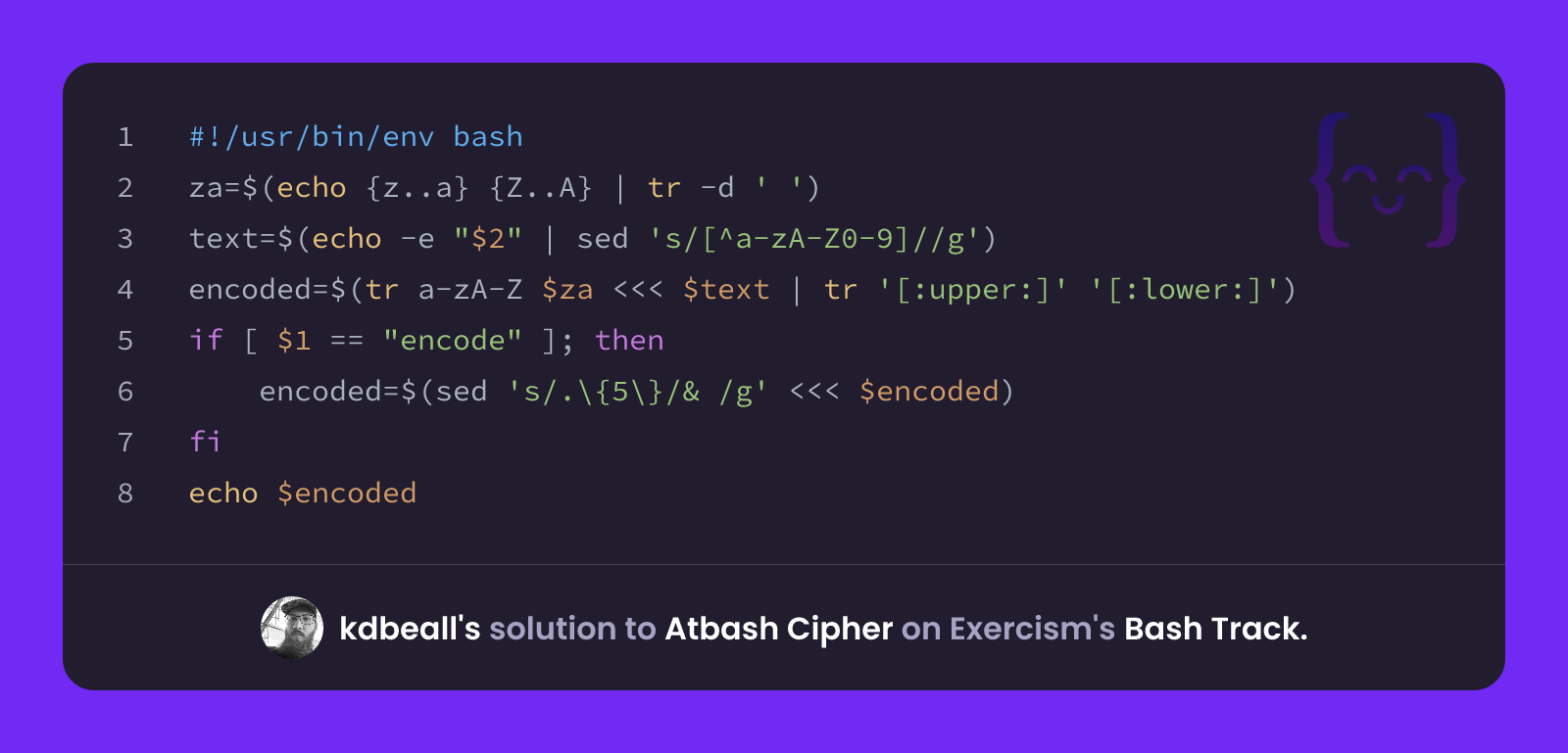 kdbeall's solution for Atbash Cipher in Bash on Exercism