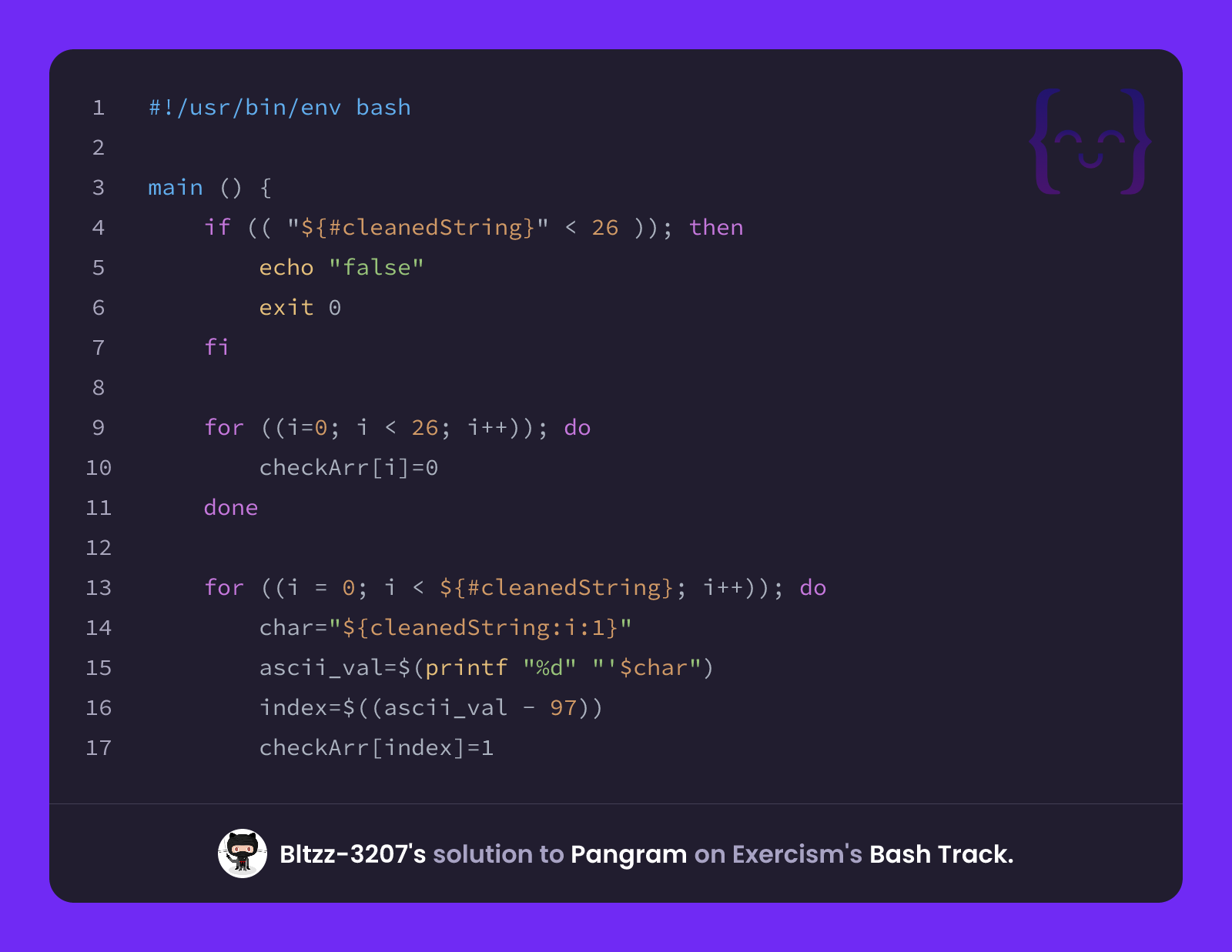 Bltzz-3207's solution for Pangram in Bash on Exercism