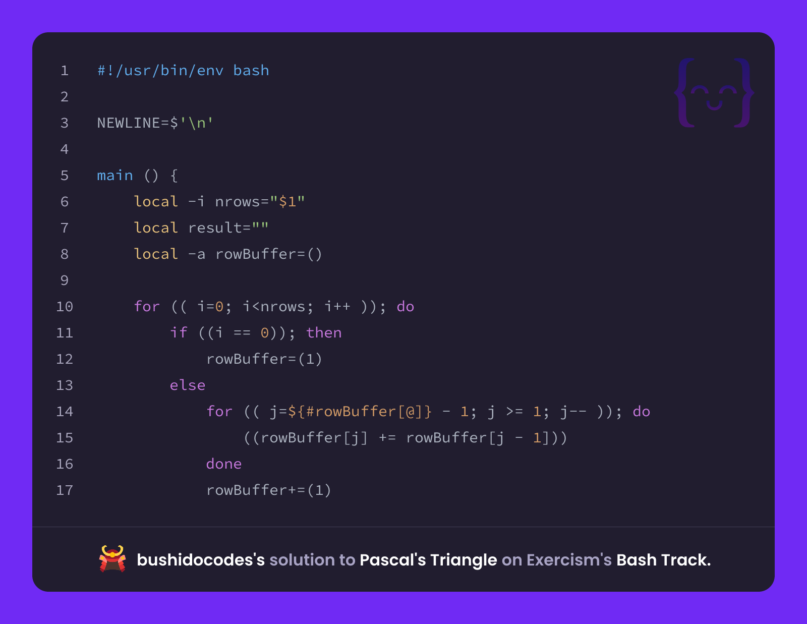 bushidocodes's solution for Pascal's Triangle in Bash on Exercism