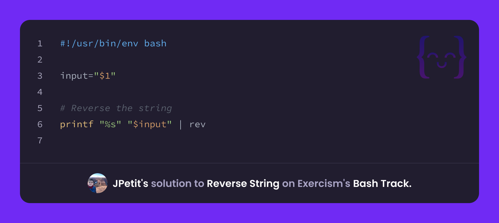 JPetit's solution for Reverse String in Bash on Exercism