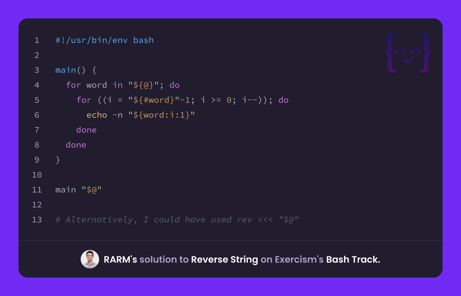 RARM's solution for Reverse String in Bash on Exercism