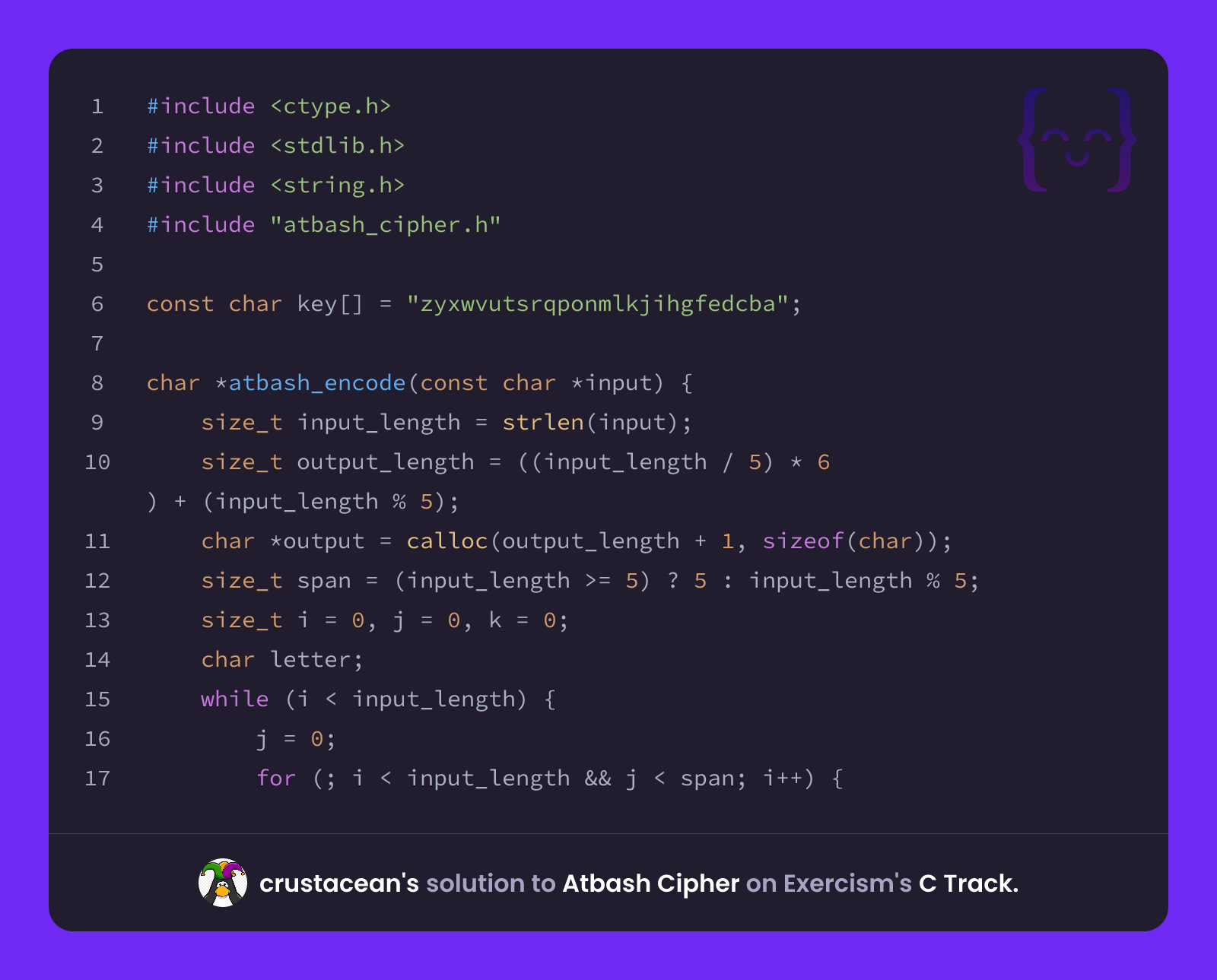 crustacean's solution for Atbash Cipher in C on Exercism