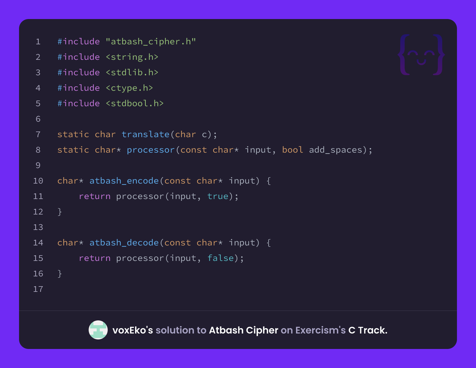 voxEko's solution for Atbash Cipher in C on Exercism