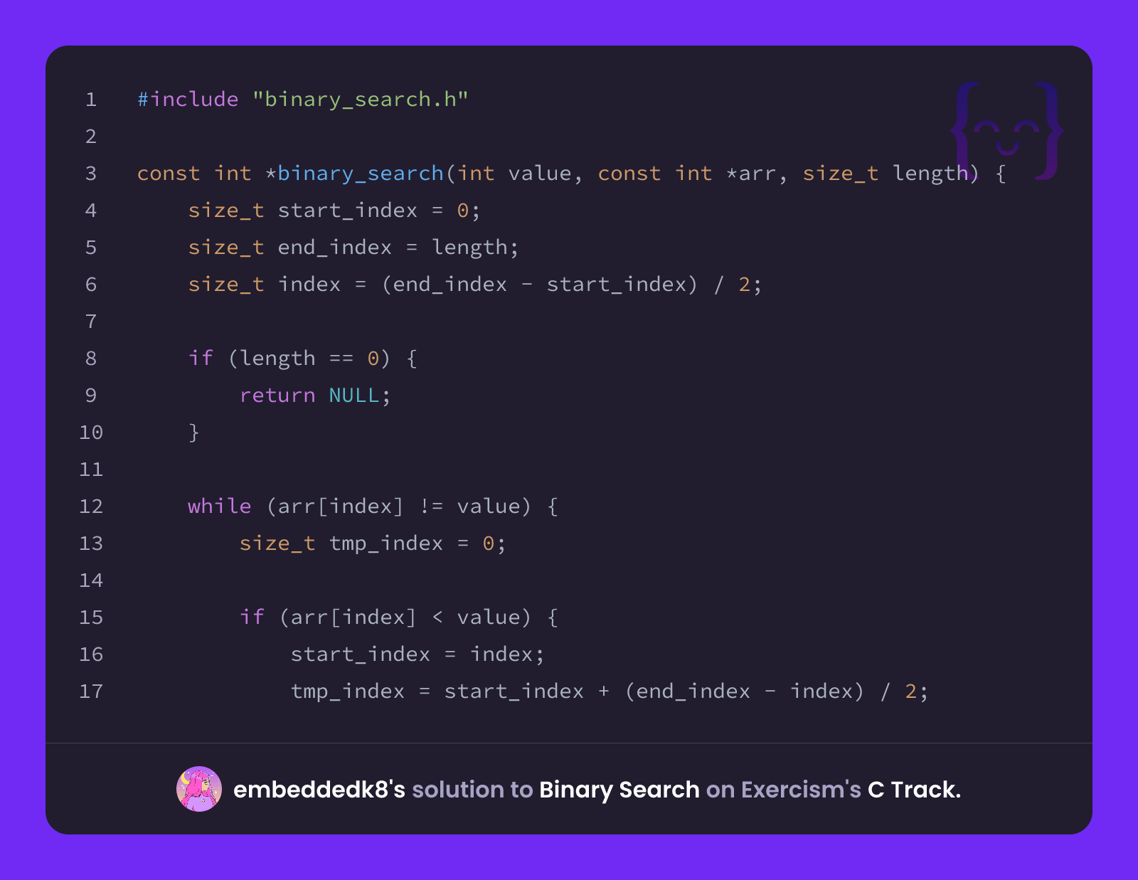 embeddedk8's solution for Binary Search in C on Exercism