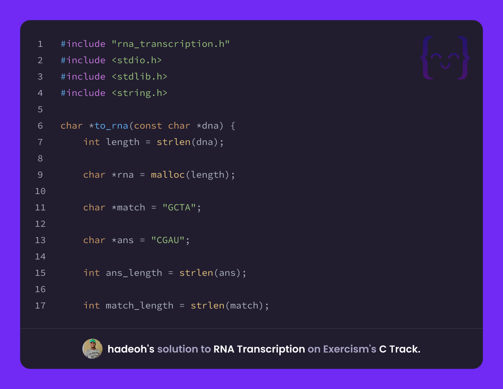 hadeoh's solution for RNA Transcription in C on Exercism