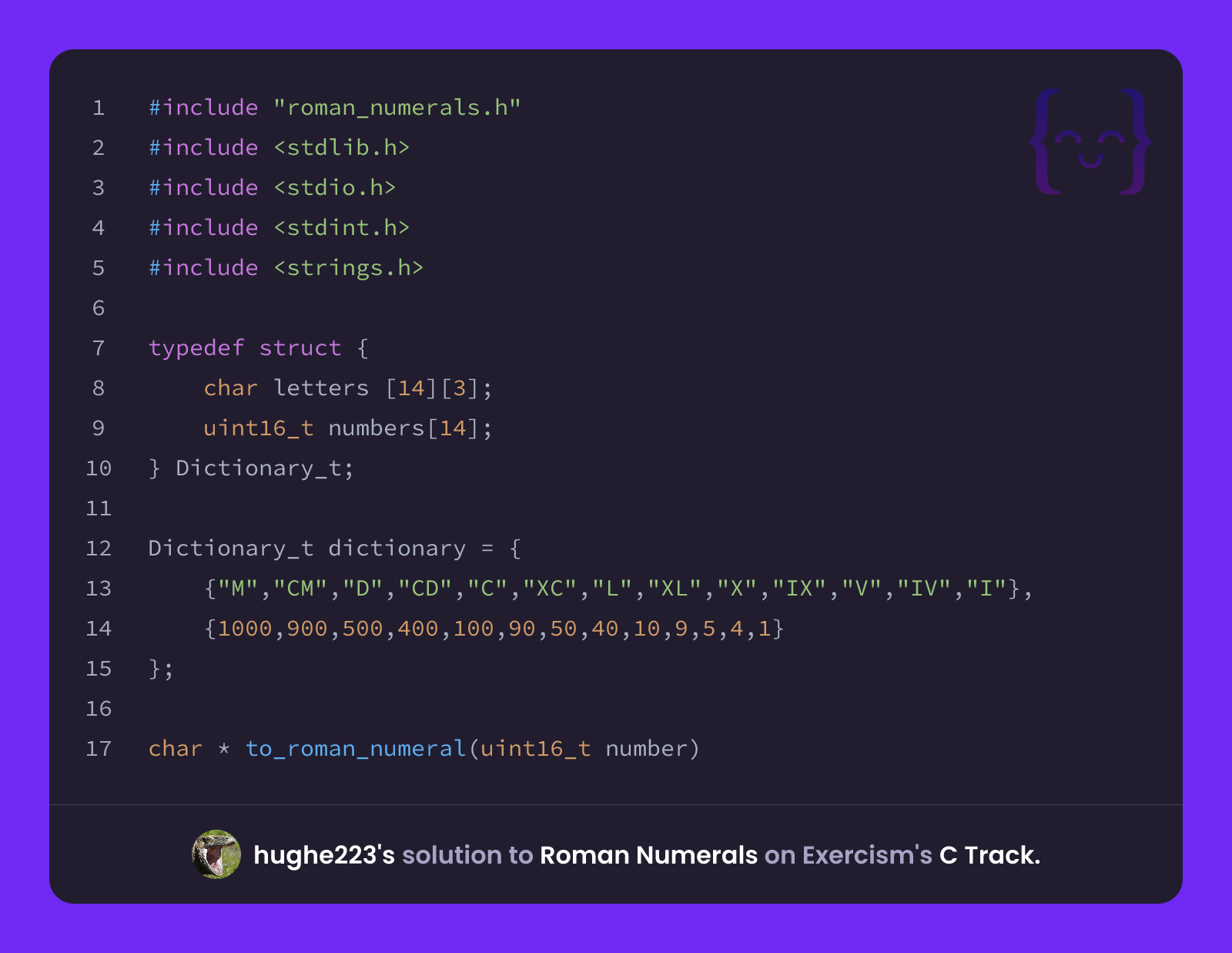 hughe223's solution for Roman Numerals in C on Exercism