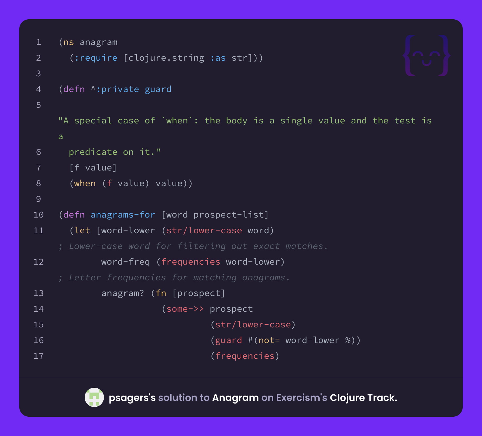 psagers's solution for Anagram in Clojure on Exercism