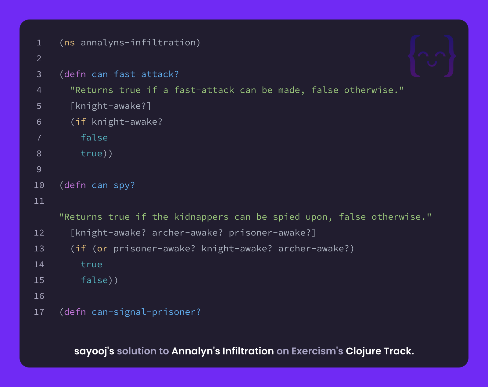 sayooj's solution for Annalyn's Infiltration in Clojure on Exercism