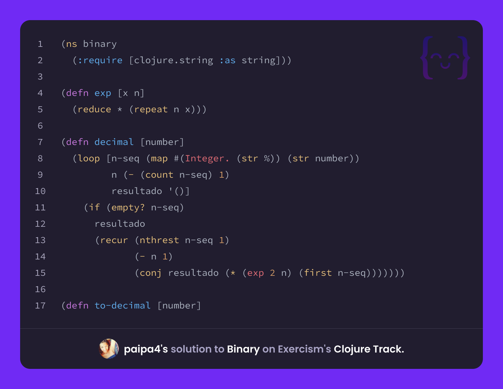 paipa4's solution for Binary in Clojure on Exercism