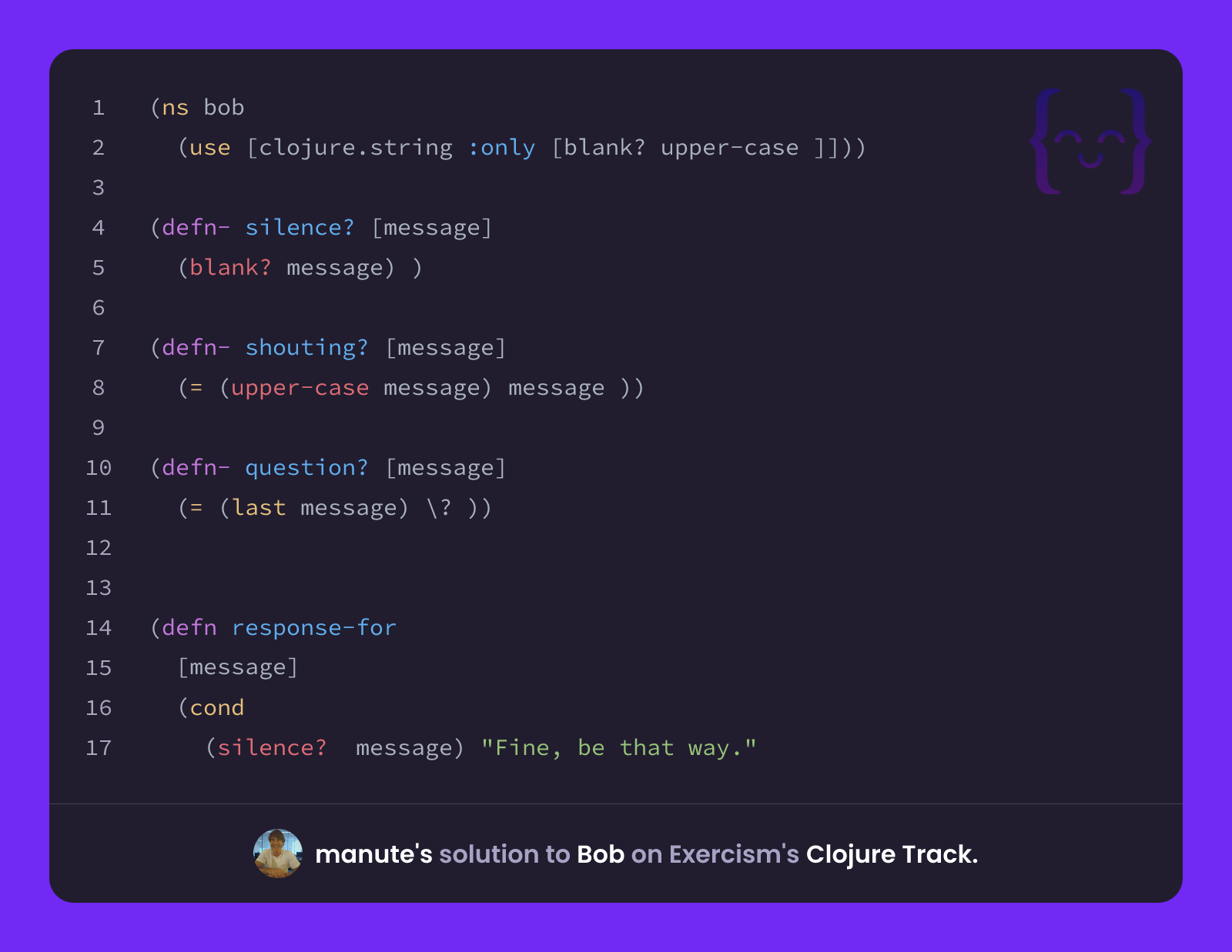 manute's solution for Bob in Clojure on Exercism