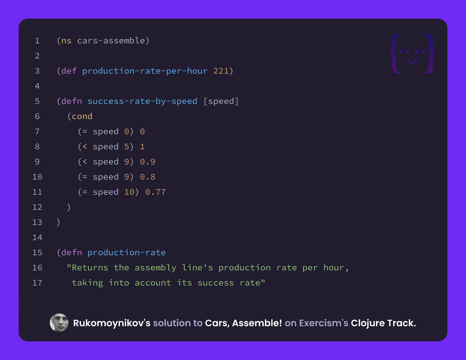 Rukomoynikov's solution for Cars, Assemble! in Clojure on Exercism