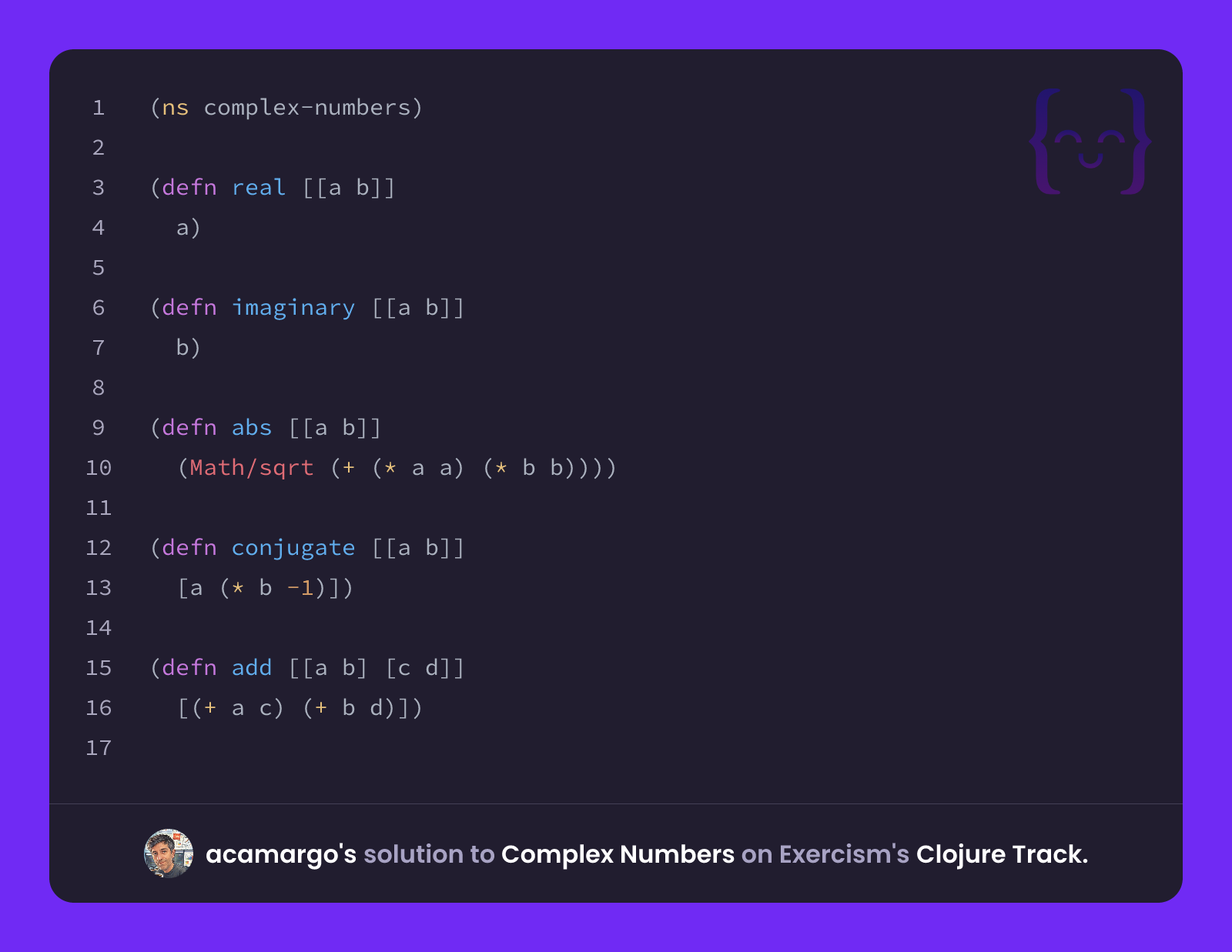 acamargo's solution for Complex Numbers in Clojure on Exercism