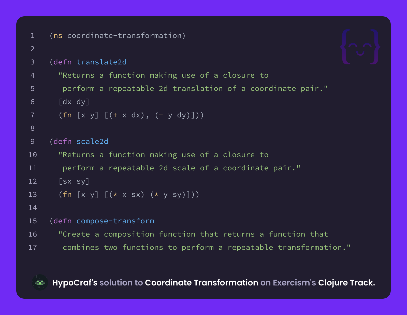 HypoCraf's solution for Coordinate Transformation in Clojure on Exercism