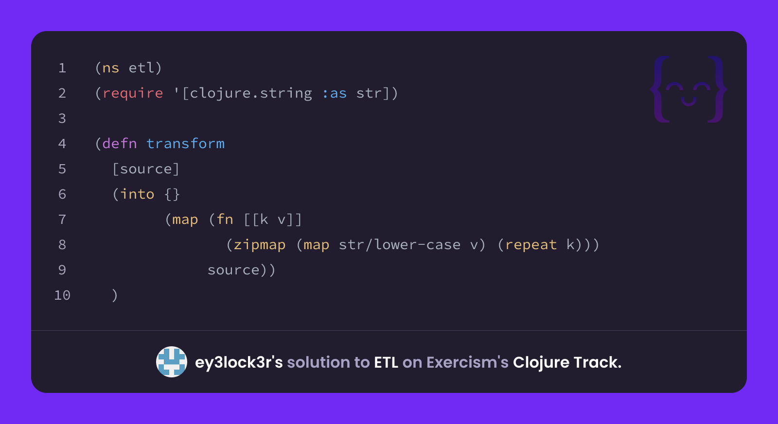ey3lock3r's solution for ETL in Clojure on Exercism