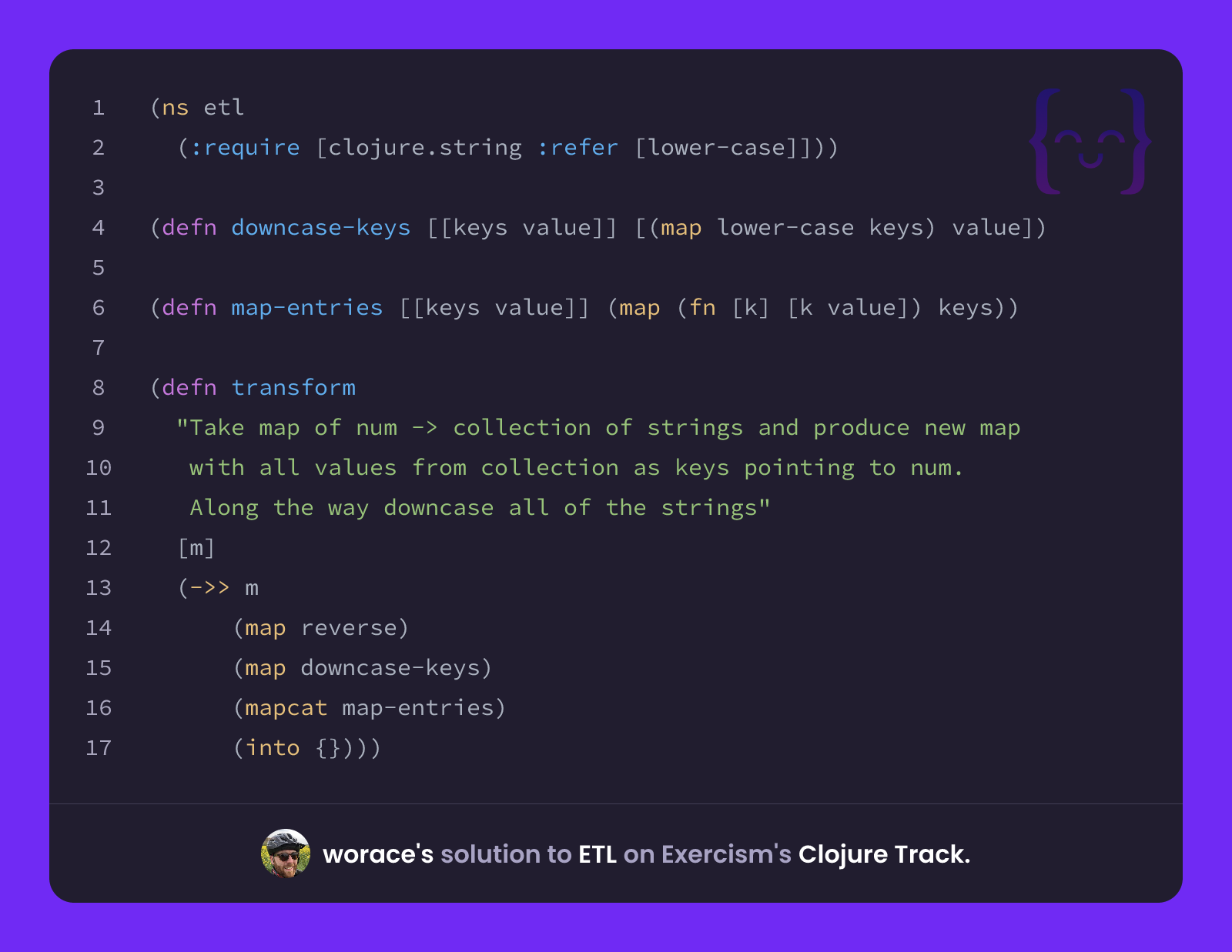 worace's solution for ETL in Clojure on Exercism