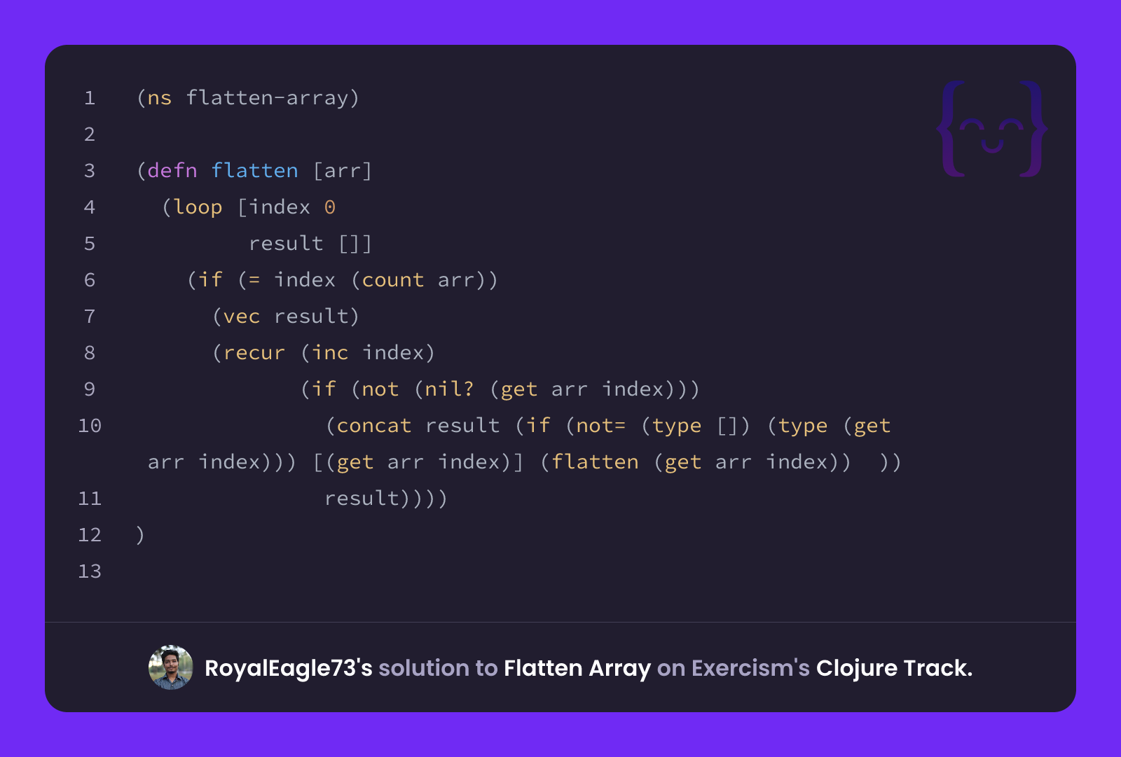 RoyalEagle73's solution for Flatten Array in Clojure on Exercism