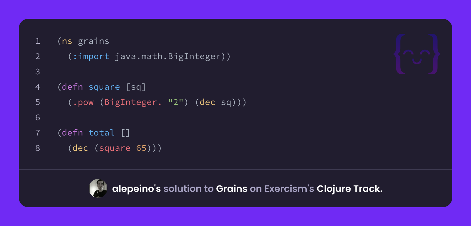 alepeino's solution for Grains in Clojure on Exercism