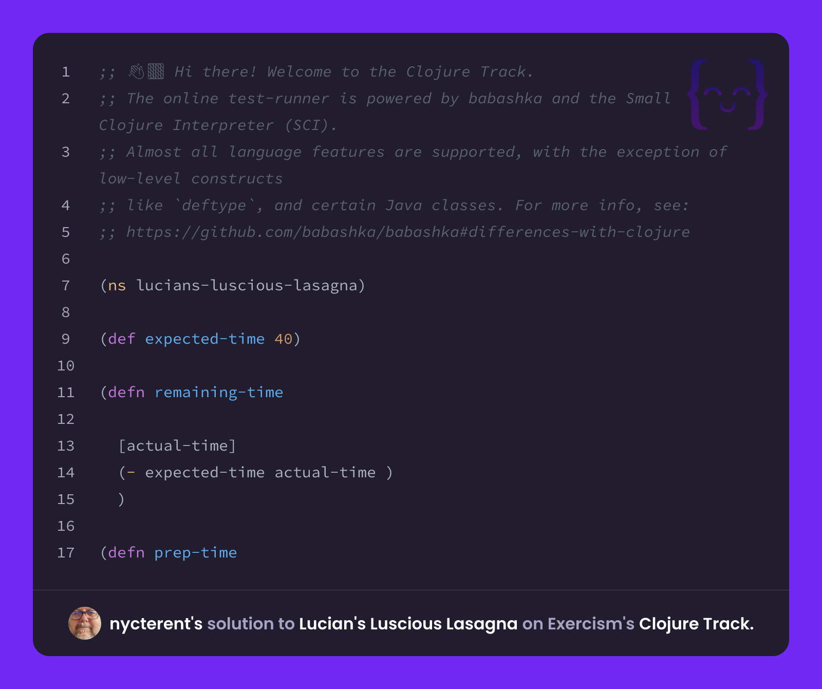 nycterent's solution for Lucian's Luscious Lasagna in Clojure on Exercism