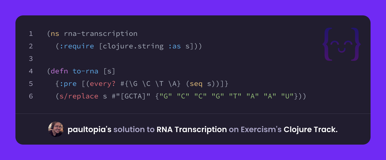 paultopia's solution for RNA Transcription in Clojure on Exercism