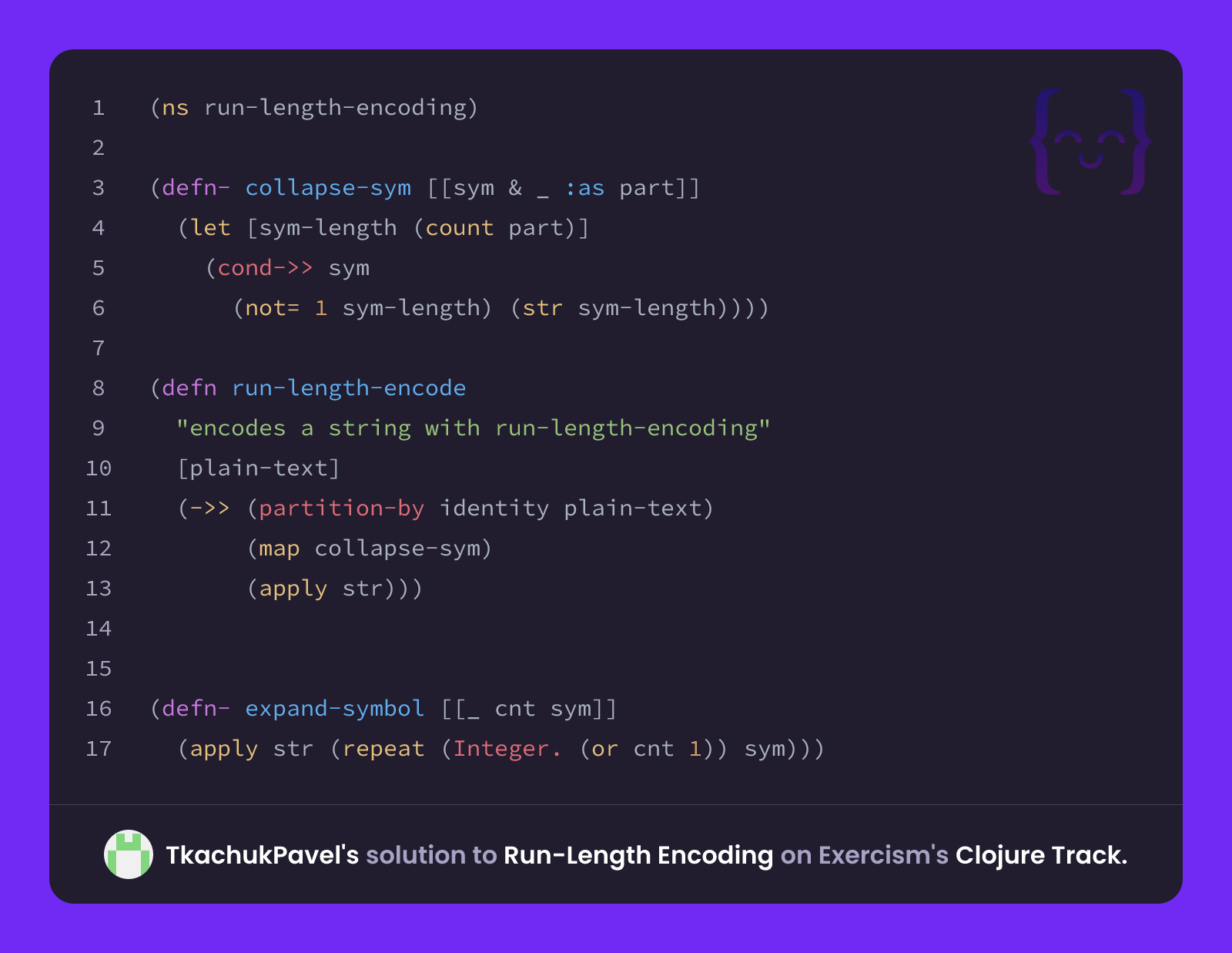 TkachukPavel's solution for Run-Length Encoding in Clojure on Exercism