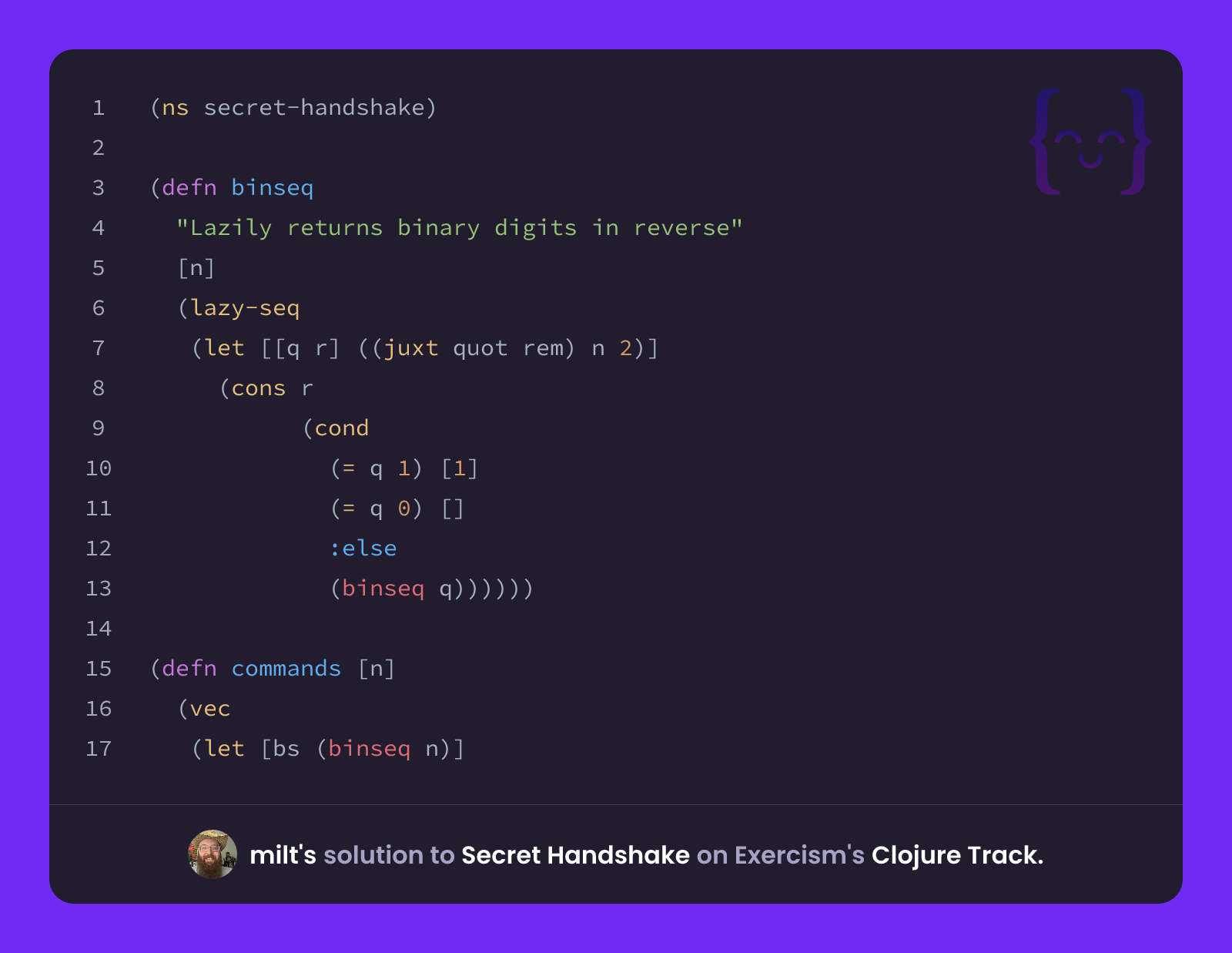 milt's solution for Secret Handshake in Clojure on Exercism