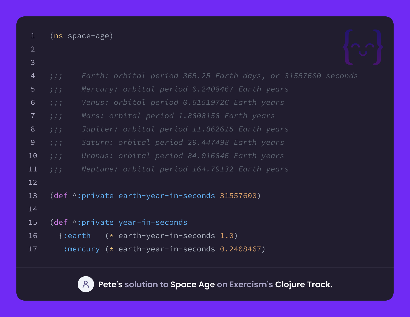 Pete's solution for Space Age in Clojure on Exercism