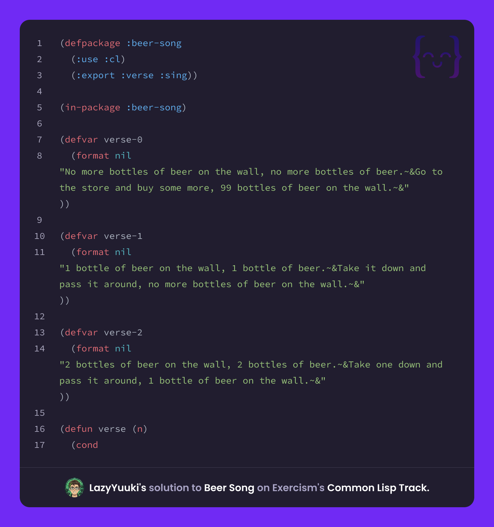 LazyYuuki's solution for Beer Song in Common Lisp on Exercism