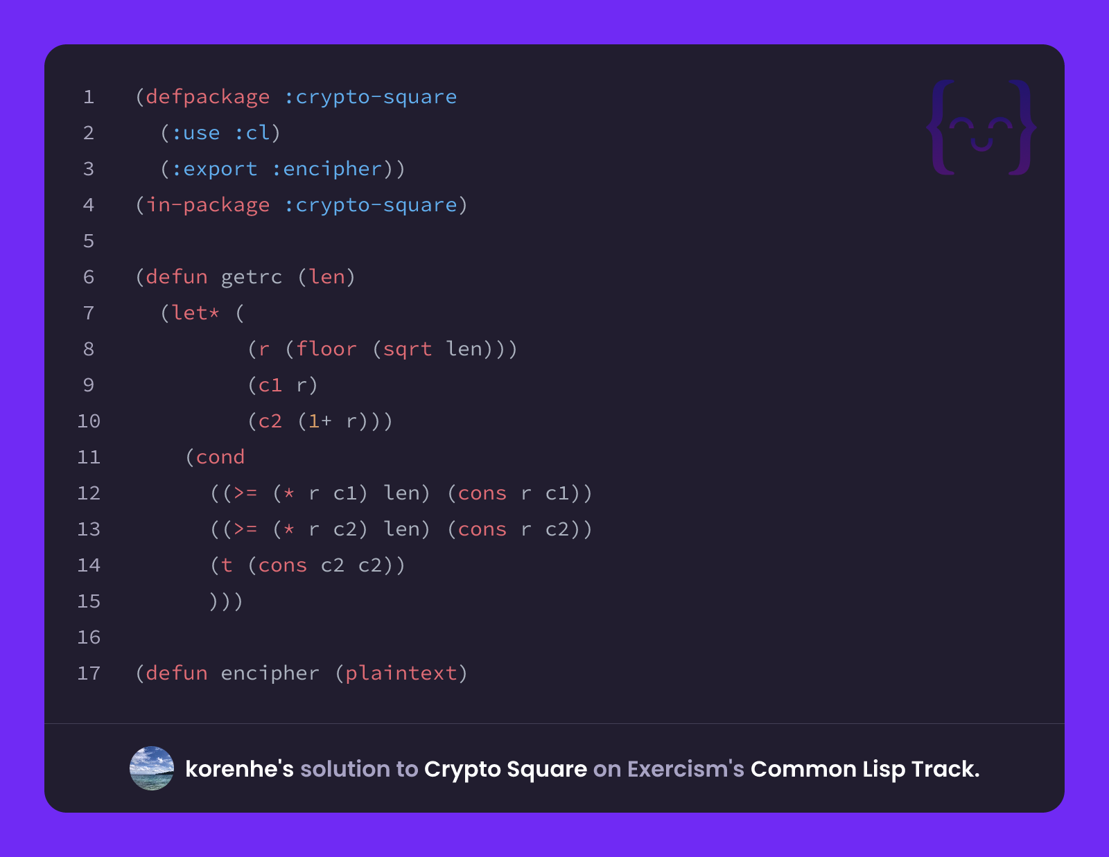 korenhe's solution for Crypto Square in Common Lisp on Exercism