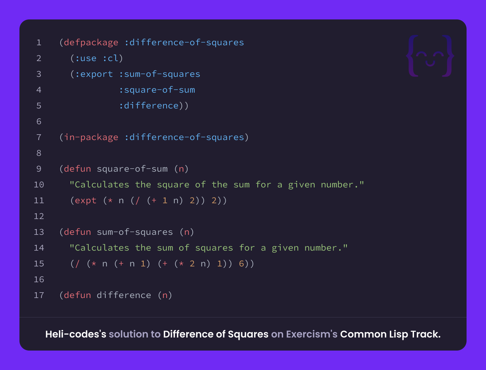 Heli-codes's solution for Difference of Squares in Common Lisp on Exercism