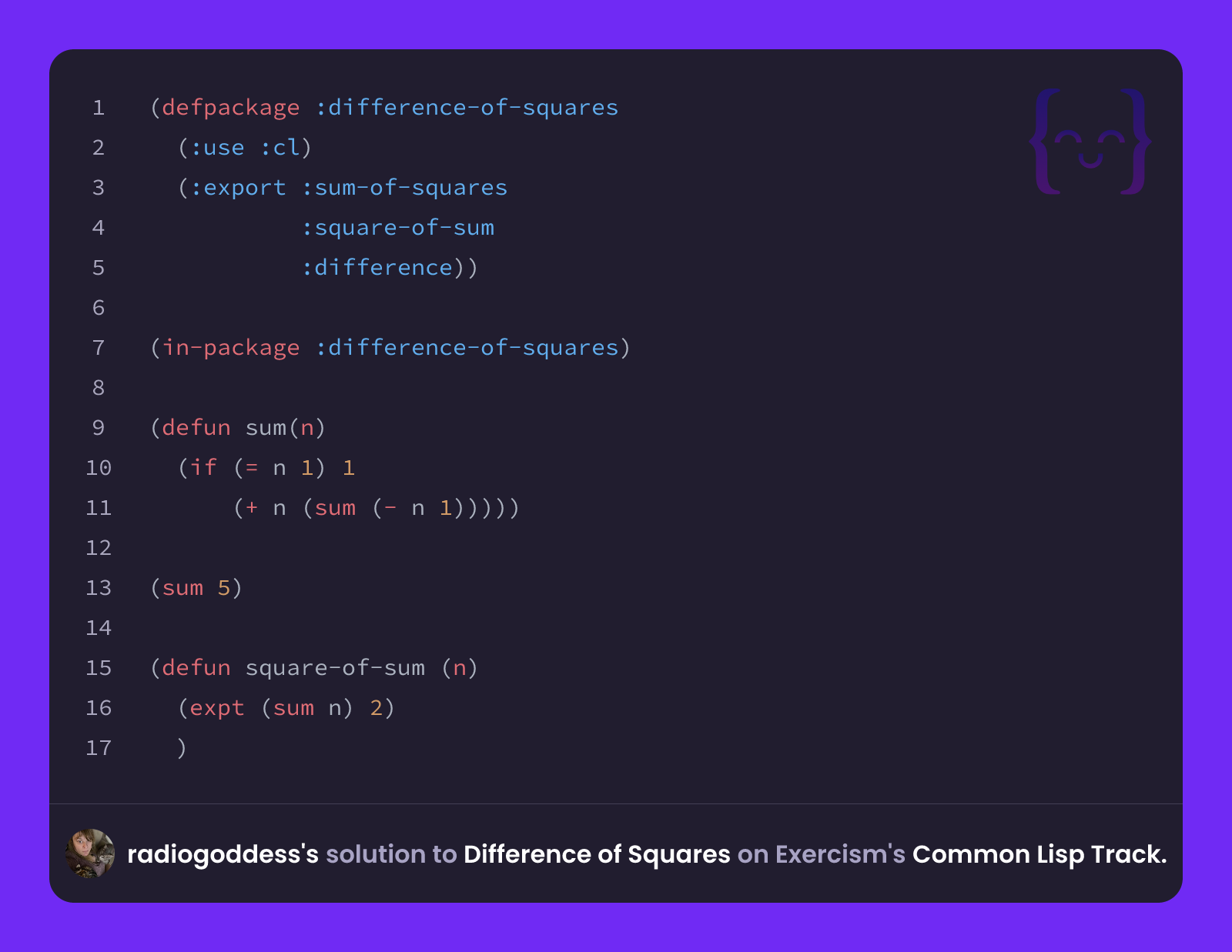 radiogoddess's solution for Difference of Squares in Common Lisp on ...
