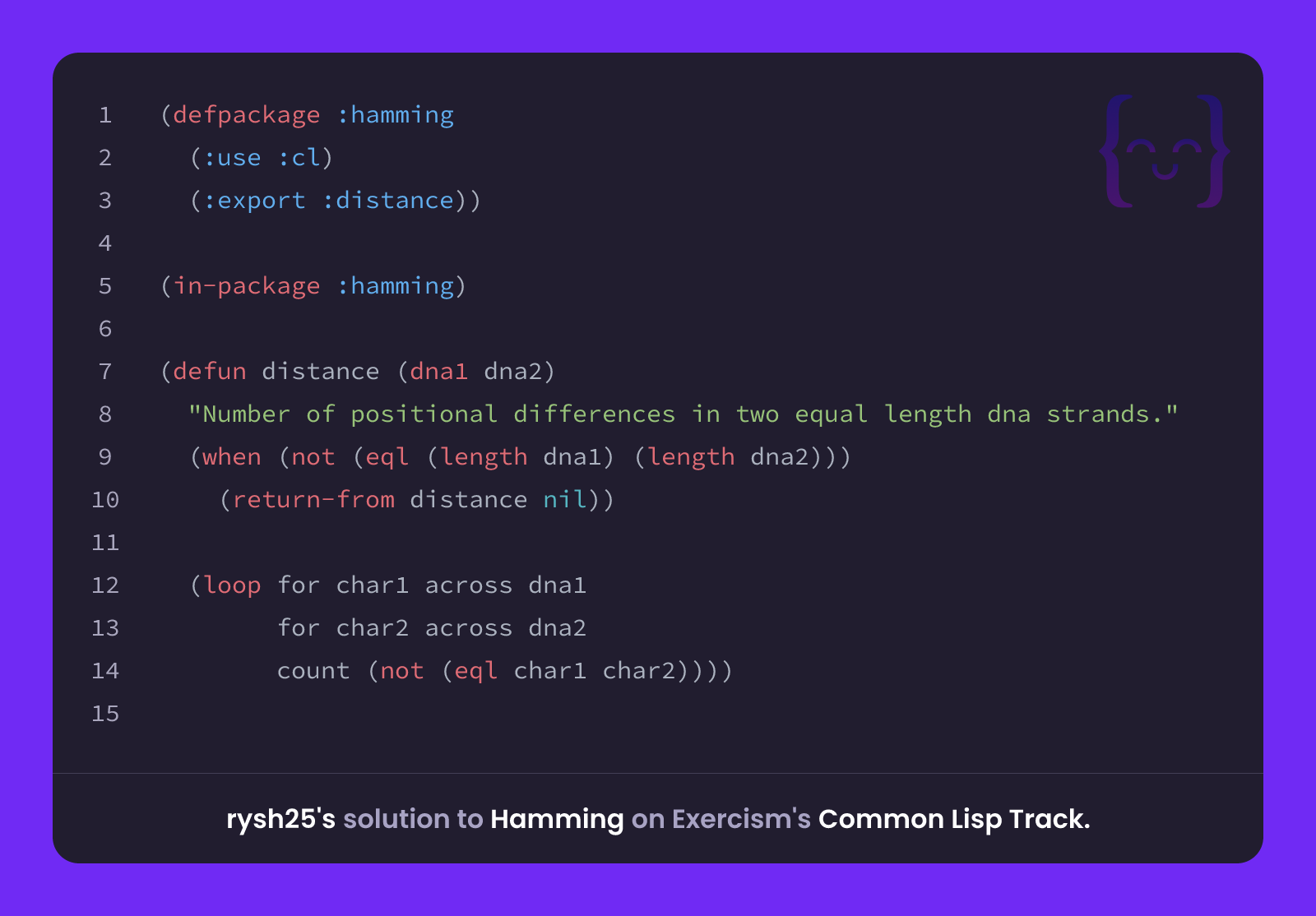 rysh25's solution for Hamming in Common Lisp on Exercism
