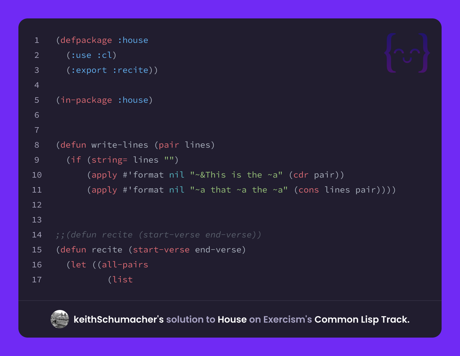 keithSchumacher's solution for House in Common Lisp on Exercism