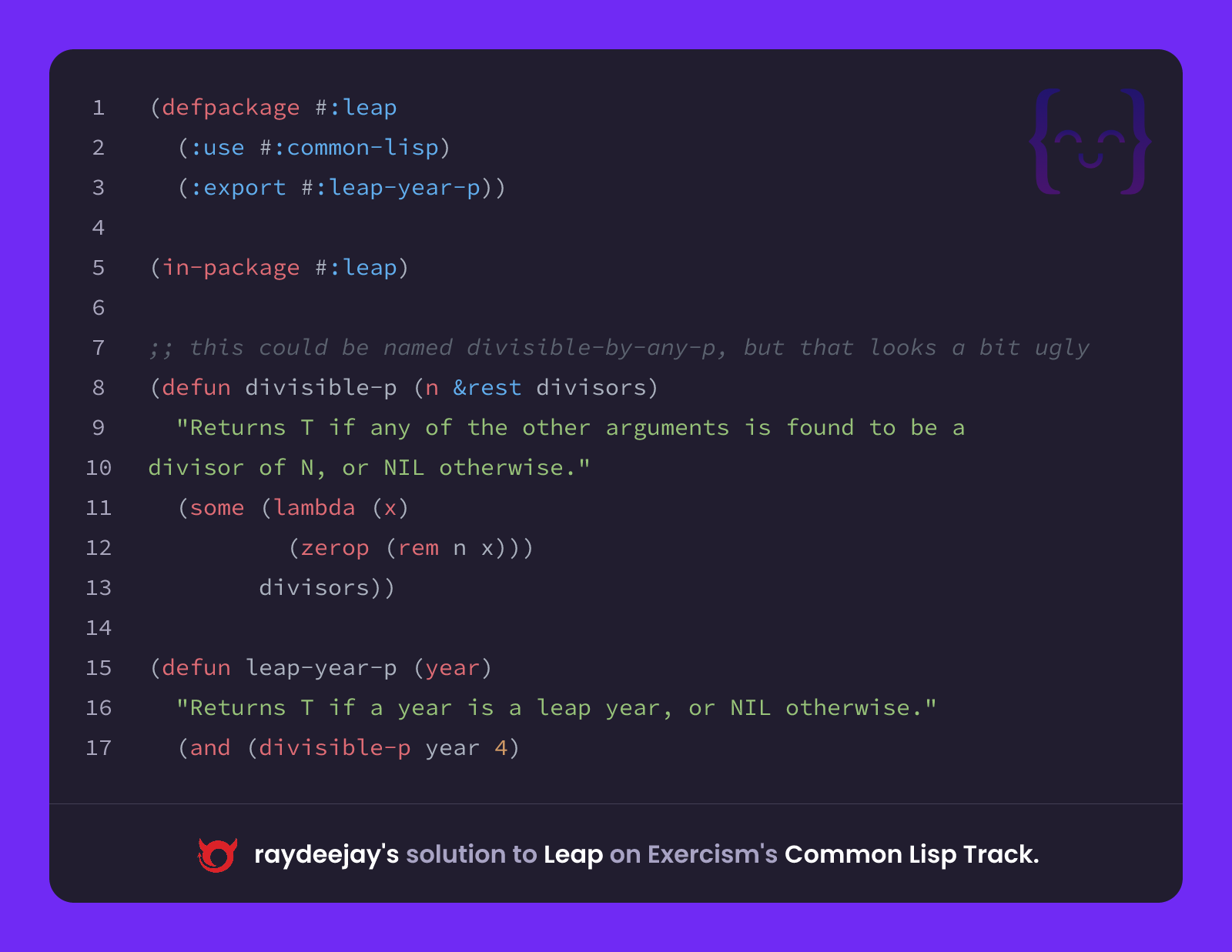 raydeejay's solution for Leap in Common Lisp on Exercism