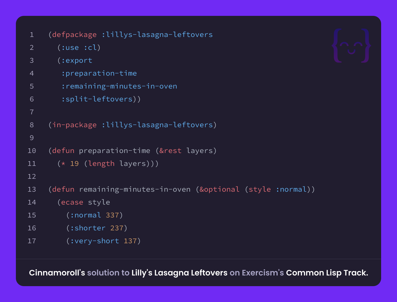 Cinnamoroll's solution for Lilly's Lasagna Leftovers in Common Lisp on ...