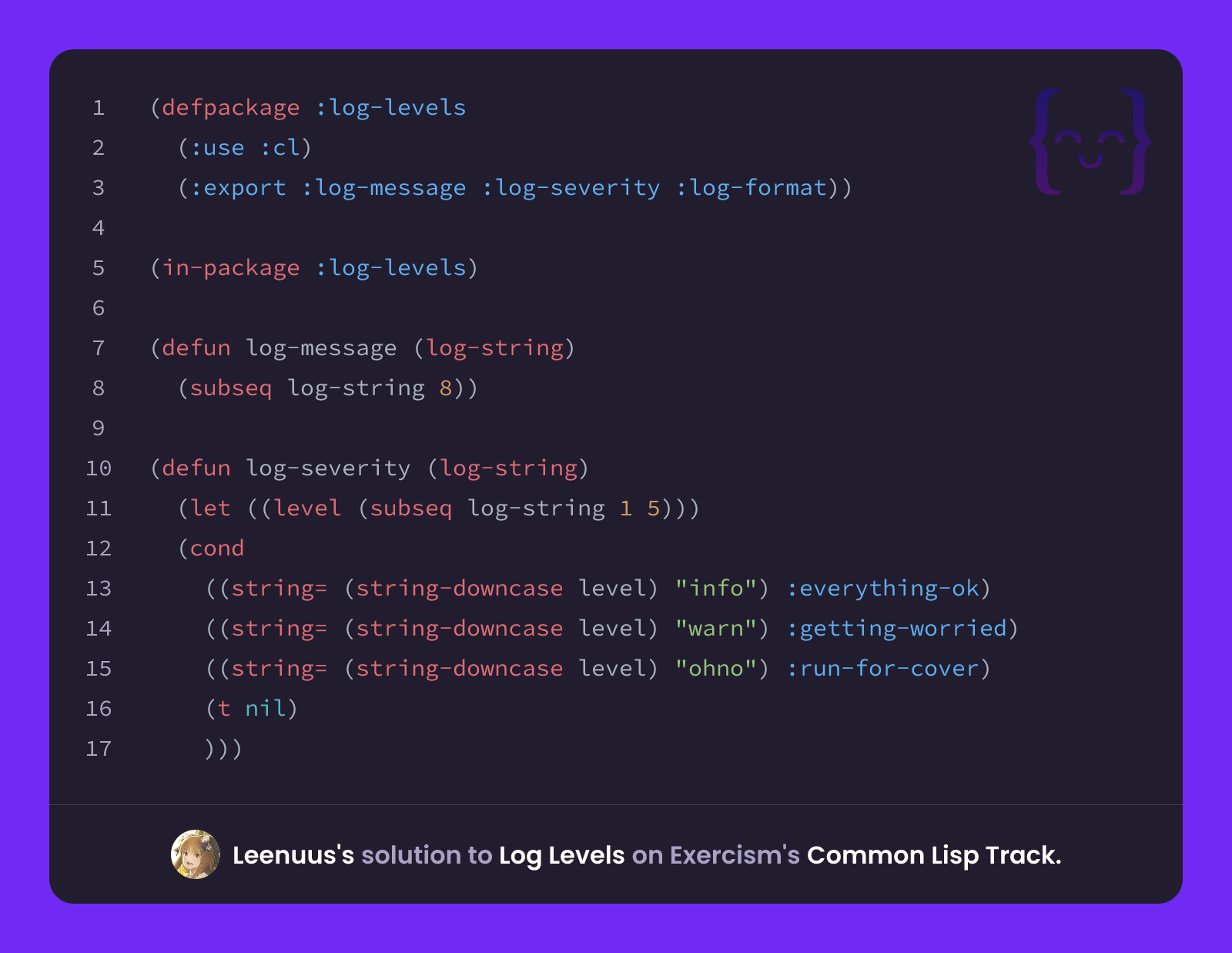 Leenuus's solution for Log Levels in Common Lisp on Exercism