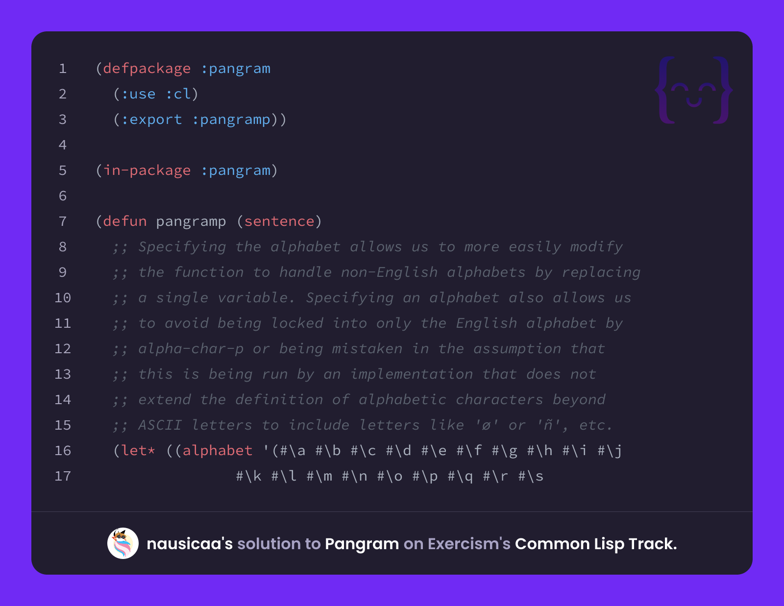 nausicaa's solution for Pangram in Common Lisp on Exercism