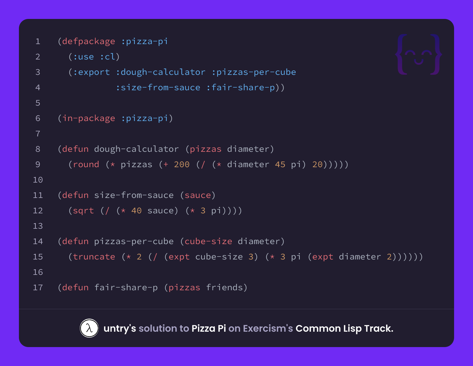 untry's solution for Pizza Pi in Common Lisp on Exercism