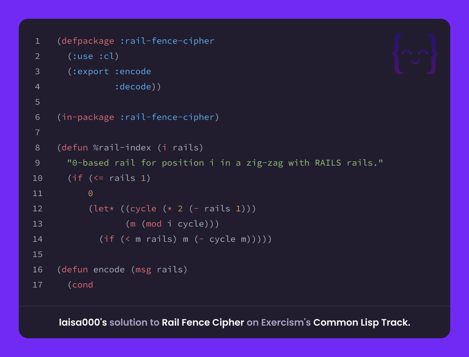 laisa000's solution for Rail Fence Cipher in Common Lisp on Exercism