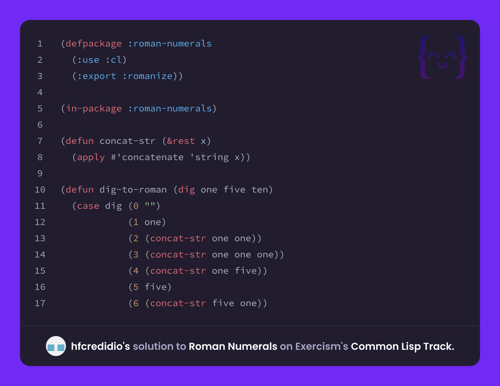 hfcredidio's solution for Roman Numerals in Common Lisp on Exercism