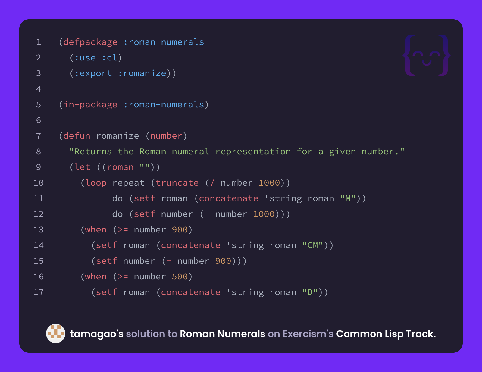 tamagao's solution for Roman Numerals in Common Lisp on Exercism