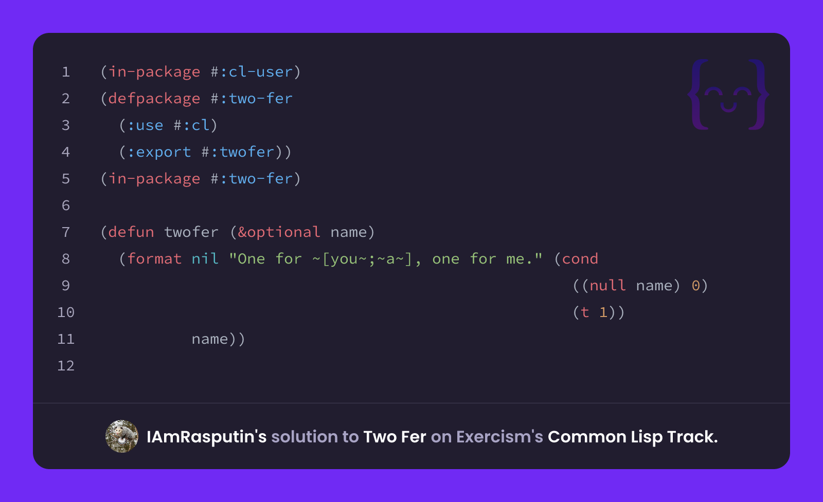 IAmRasputin's solution for Two Fer in Common Lisp on Exercism