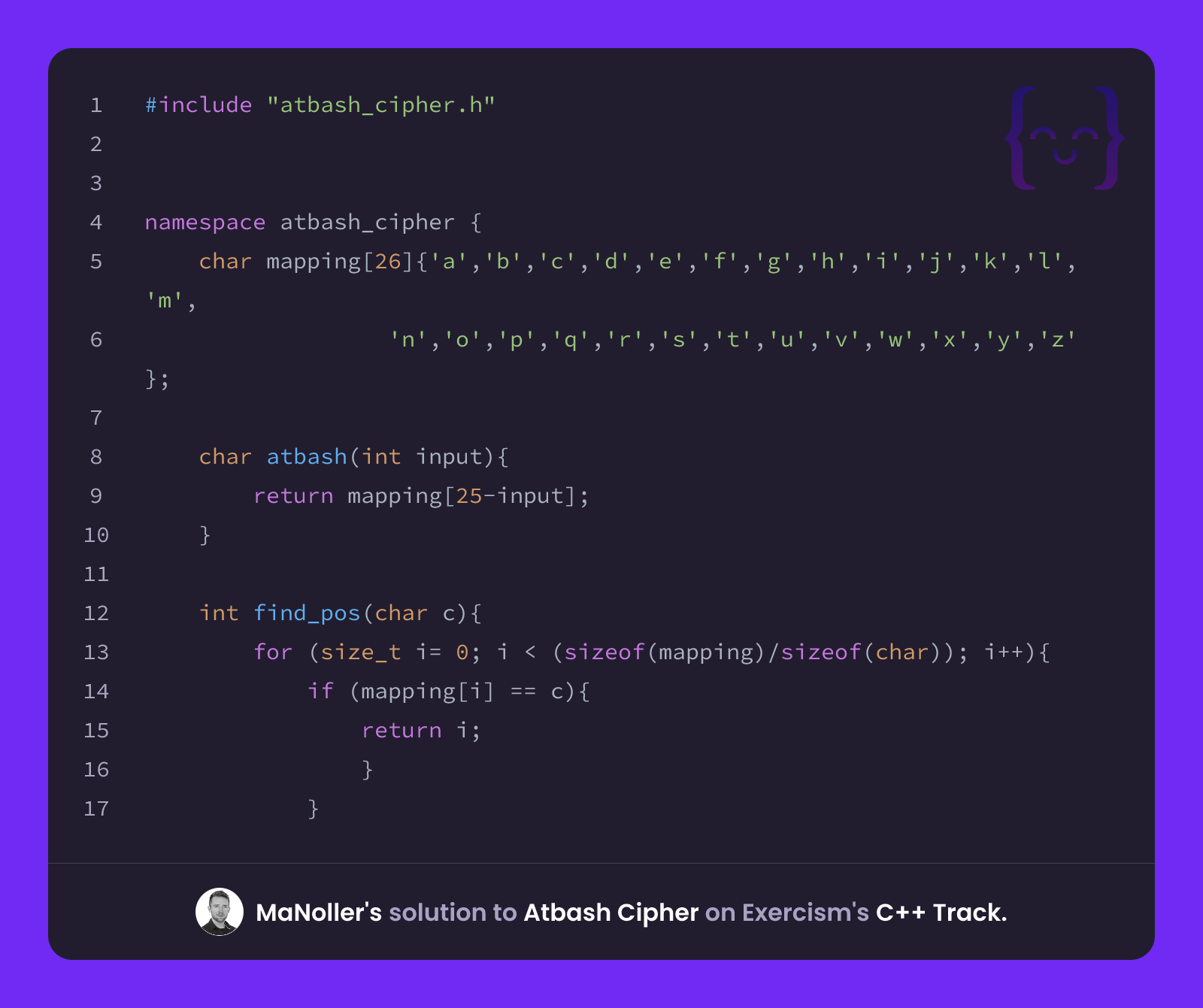 MaNoller's solution for Atbash Cipher in C++ on Exercism