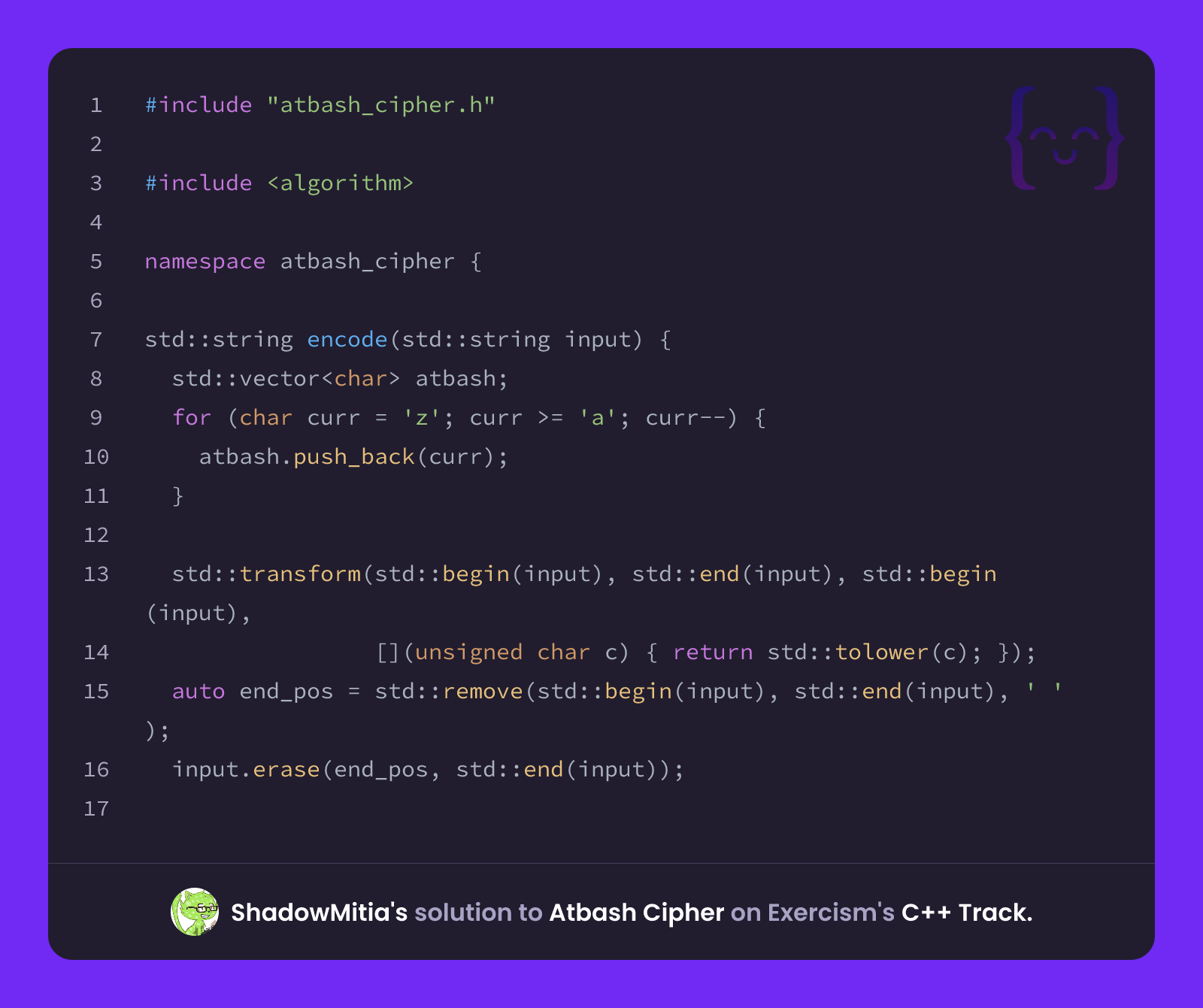 ShadowMitia's solution for Atbash Cipher in C++ on Exercism