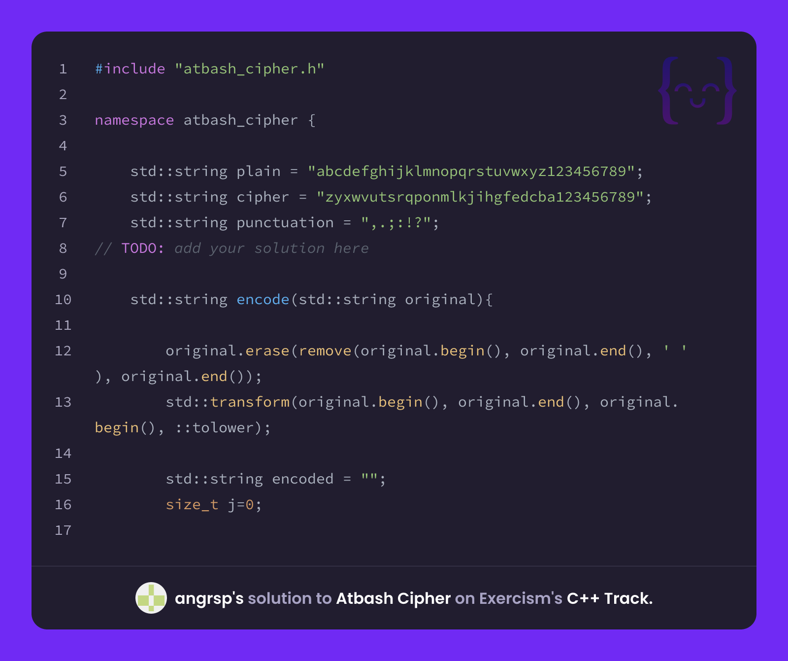 angrsp's solution for Atbash Cipher in C++ on Exercism